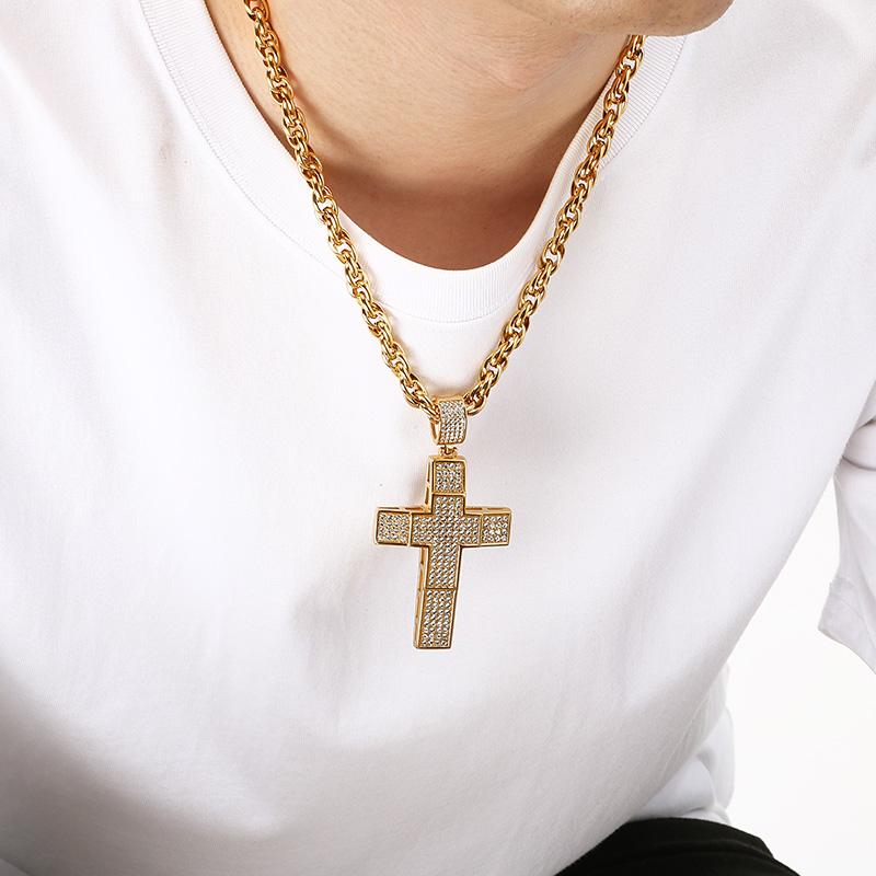 Hip Hop Full Rhinestone Stainless Steel Cross Pendant Necklace for Men Larger Gold Color Cross Party Jewelry Gift CNC Stone