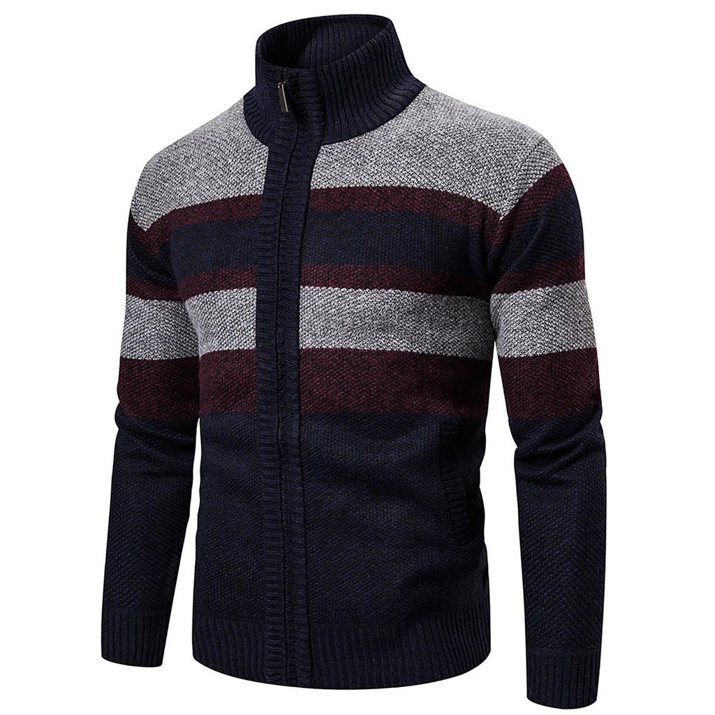 Men's Trendy Striped Long Sleeved Sweater Outdoor Stand Collar Sports Cardigan Sweater