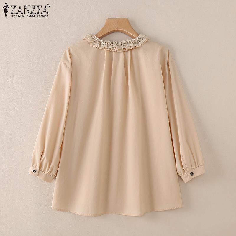 ZANZEA Womens Lace Splice Round Neck 3/4 Sleeve Loose Blouse
