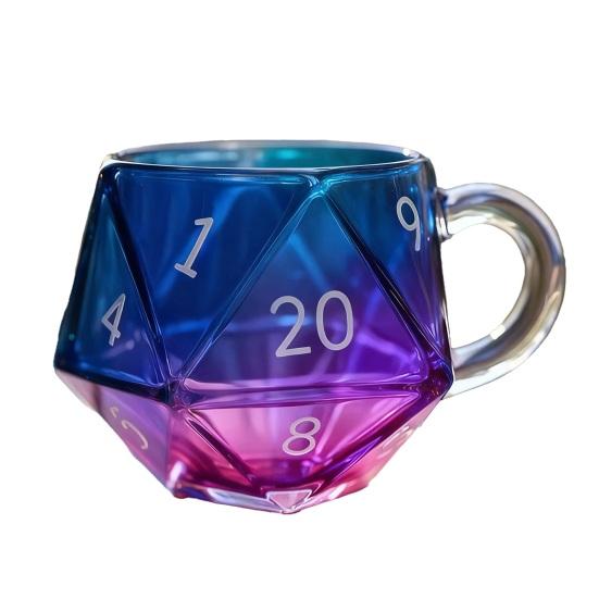 Rainbow D20 Dice Mug with Handle Colorful Polyhedral Glass Coffee Cup for Gamers Unique Gift for Tabletop RPG Fantasy Enthusiasts