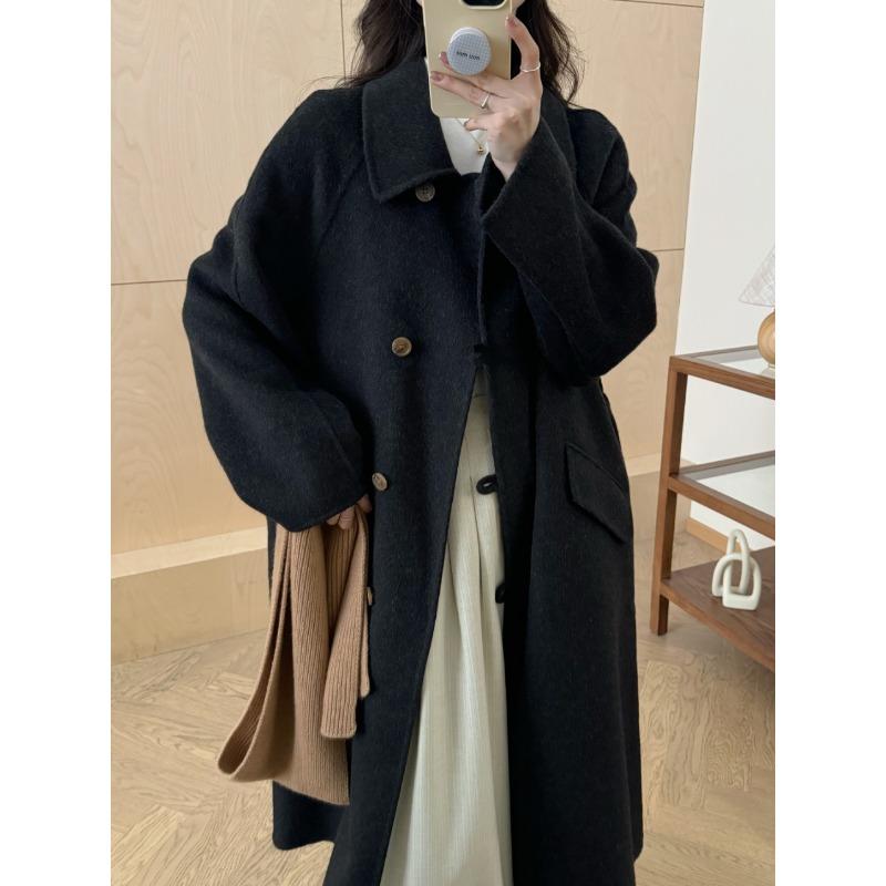 Baby Doll Collar Single-breasted Double-sided Wool Coat for Women Long Plate Buttoned Off Shoulder Sleeves Double-sided Cashmere Plus