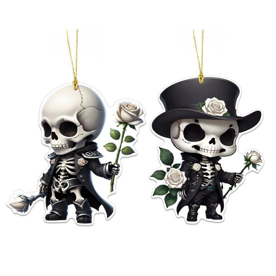 Halloween Car Ornament Cool Skeleton Acrylic Car Rearview Mirror Charm 2D Flat Skull Hanging Pendant for Car Interior Backpack Accessory