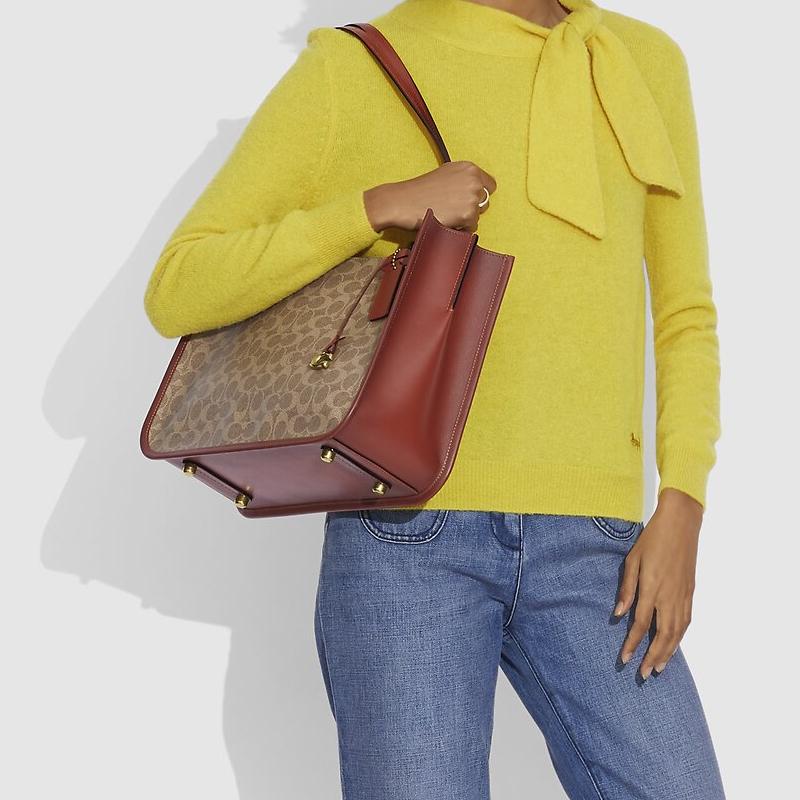 Coach Tyler 35 Monogram Open Top Leather Tote Bag Women handbags Orange Brown C2591-B4NQ4