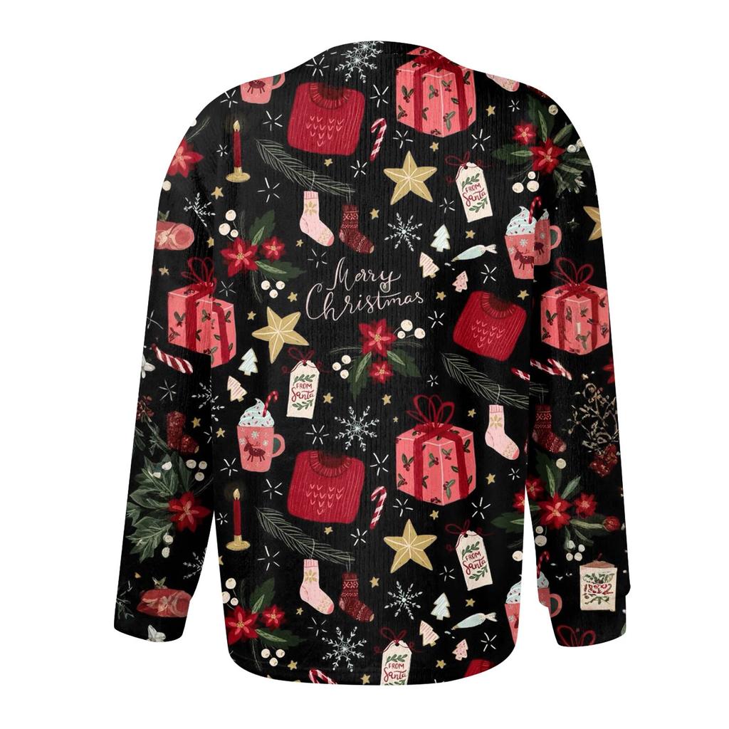 Women's Fashion Christmas Printed Long Sleeve Knitted Cardigan Button Down Jacket