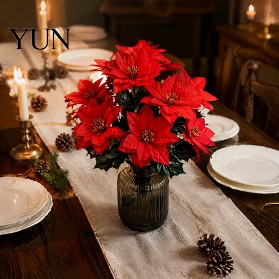 Faux Floral Arrangements for Holiday Decor Artificial Poinsettia Flowers, Christmas Red Bouquet with Berries, Silk Maintenance Free Plant Stems Table