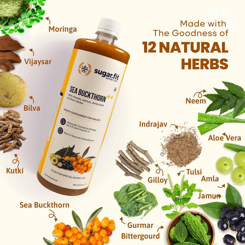 Sugar.fit | Active Foods Sea Buckthorn Juice with 13 Herbs 1 L | 100% Pure Sea Buckthorn Pulp with Neem, Karela, Jamun and other herbs | Rich in