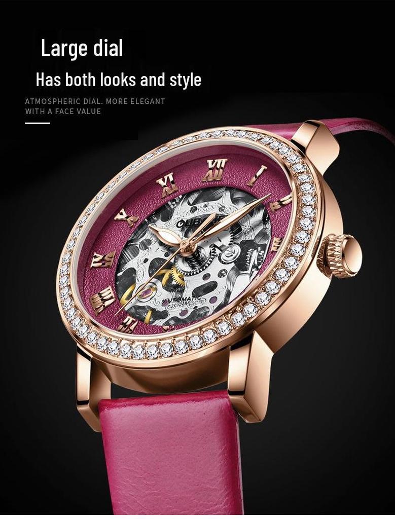 Женские повседневные механические часы OUBAOER с циферблатом с римскими цифрами, водонепроницаемый дизайн