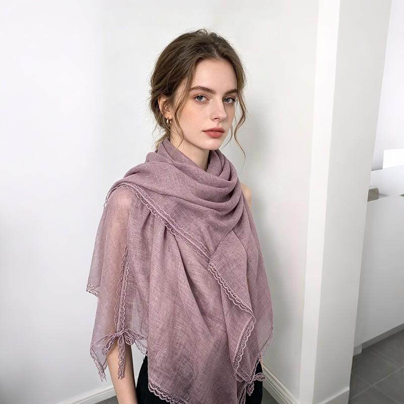Lightweight Cotton Linen Blend Scarf With Lace Trim Breathable Shawl Versatile Wrap In Solid Colors