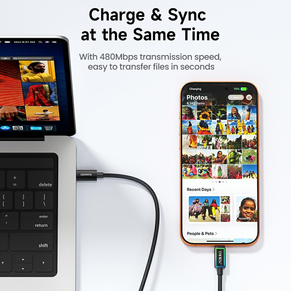 TOOCKI TX109C4 1м PD 240Вт USB-C на USB-C Кабель для передачи данных с кольцевой подсветкой 480 Мбит/с Быстрая передача данных с чипом E-Marker для ноутбука телефона