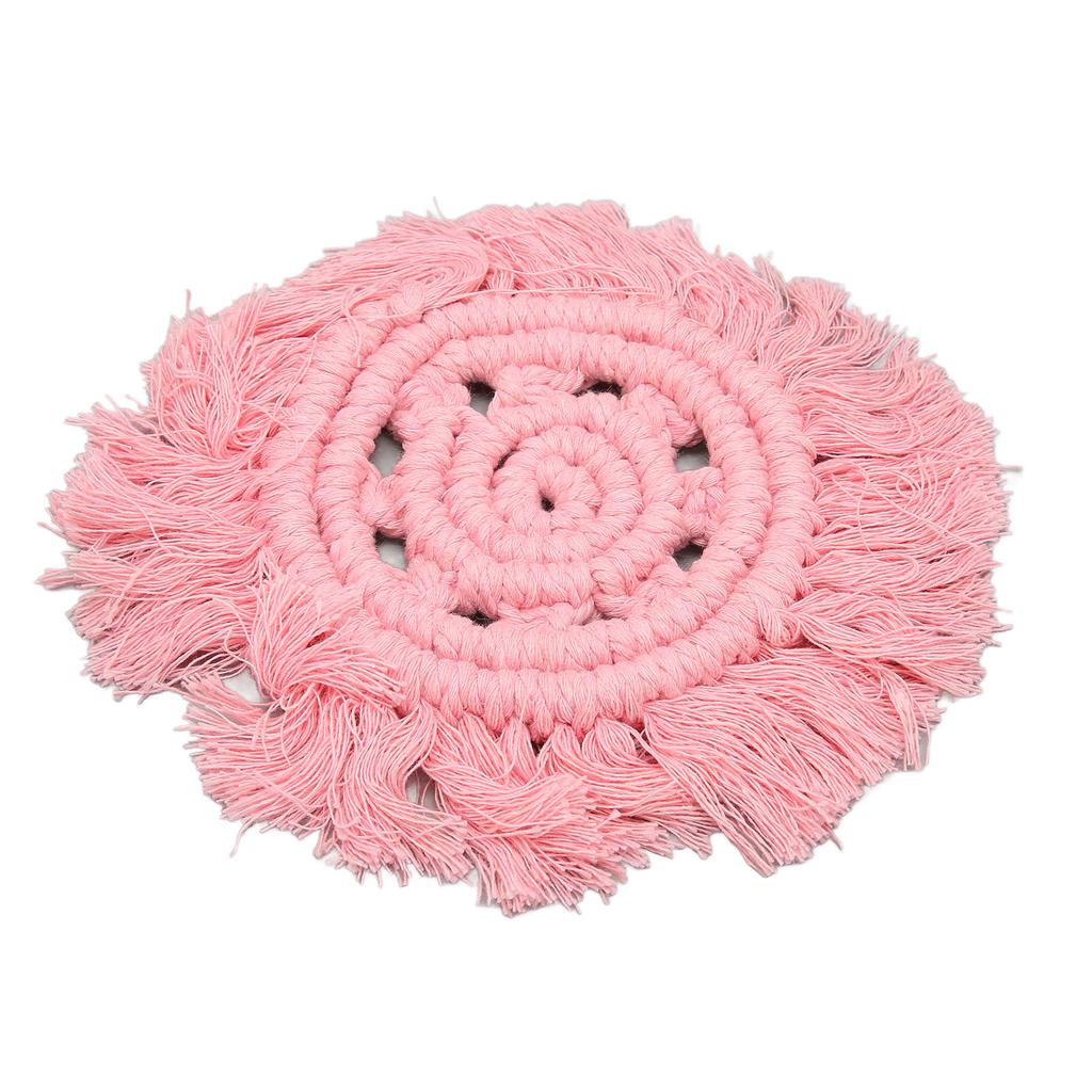 4pcs Cotton Thread Woven Drink Coasters with Tassel Round Pure Color Elegant   Lipstick Pot Pads Mats
