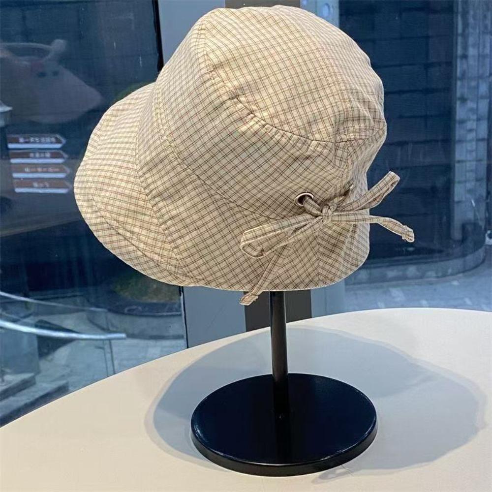 Korean Style Wide Brim Bucket Hats Summer Sunshade Basin Caps Plaid Bucket Hats Sun Protection