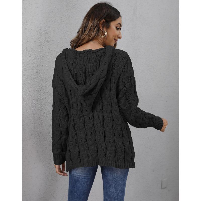 Autumn and Winter Women's Thickened Twist Knit V-Neck Hooded Loose Pullover Sweater