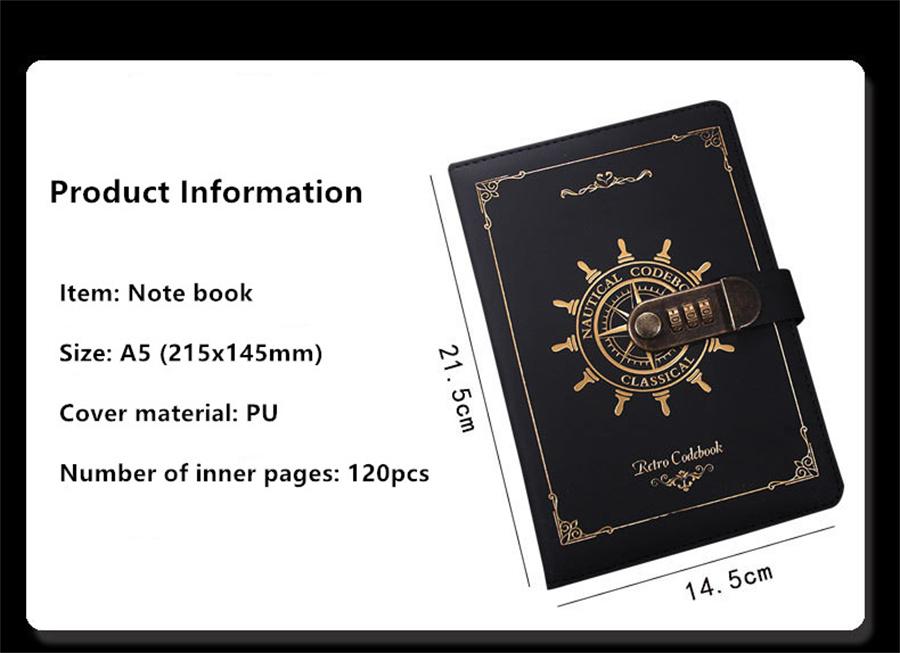 For Boy Girl Best Gift A5 Black Retro Diary Note Book Password Lock Codebook 1x