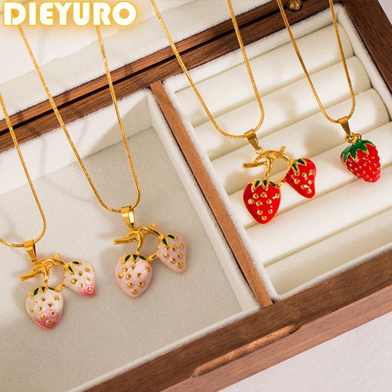 DIEYURO 316L Stainless Steel Pink Red Enamel Strawberry Pendant Necklace For Women New Trend Fashion Neck Chain Jewelry Gift