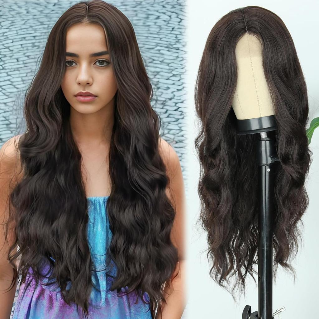 MERISIHAIR Длинный черный волнистый парик для женщин 26-дюймовый длинный вьющийся парик Естественный вид синтетического термостойкого волокна Черный парик для повседневного использования