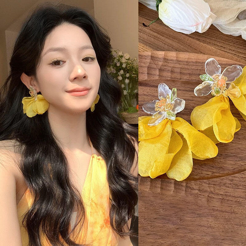 Винтажные серьги с длинной кисточкой в виде цветка для женщин, милые шифоновые серьги-подвески с темпераментом, для вечеринки, свадьбы, пляжа