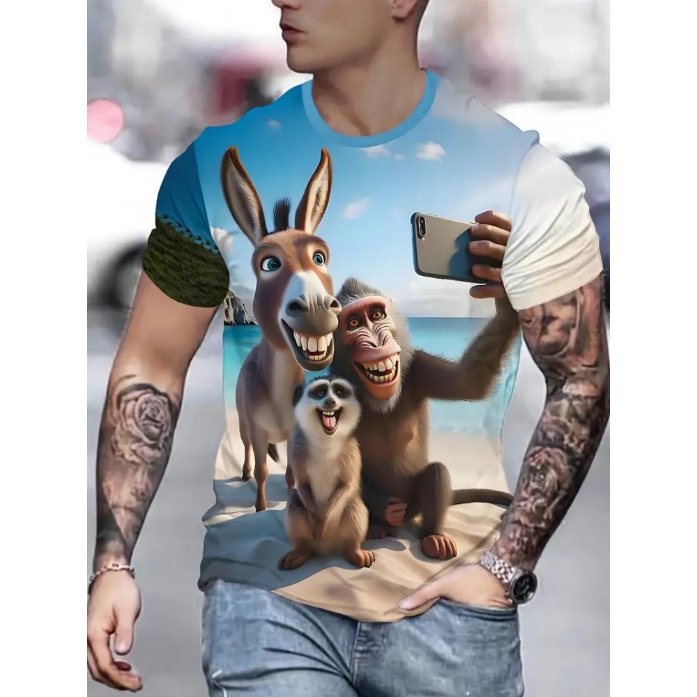 Men's Fun Cartoon Donkey Print Short Sleeve Cute Round Neck T-Shirt, Lightweight Quick-Dry Spring and Summer Travel Beach Top