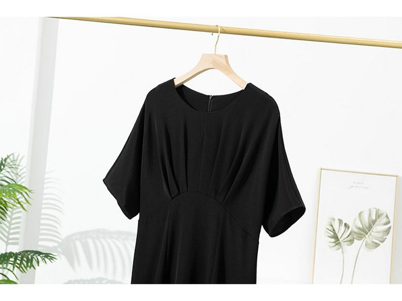 Women's Short Sleeve Real Silk Dress - Loose Fit, Solid Color, Round Neck, Long Length