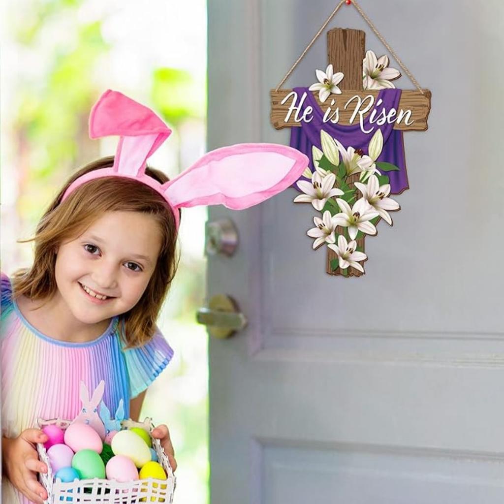 Easter He Is Risen Wreath for Front Door Religious Easter Decoration Wooden Cross Door Sign Hanging Sign Christian Floral Decor for Party Supplies