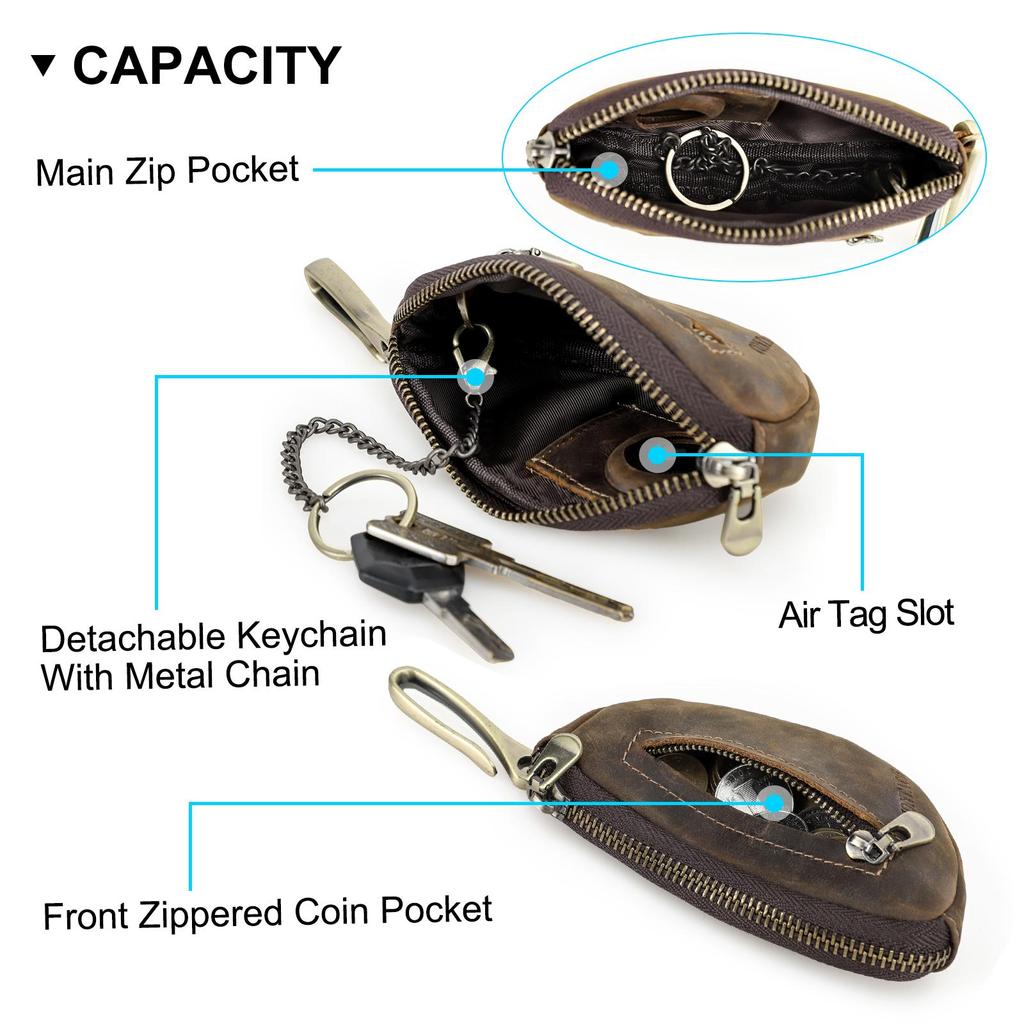 Мужской винтажный кошелек для ключей CONTACT'S из натуральной кожи ручной работы со съемным брелоком для ключей на молнии, держатель для ключей от автомобиля, защита от потери ключей