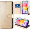 Case + 2 Tempered Glasses for Samsung Galaxy M13, Shockproof Protection Case Golden Leather Effect