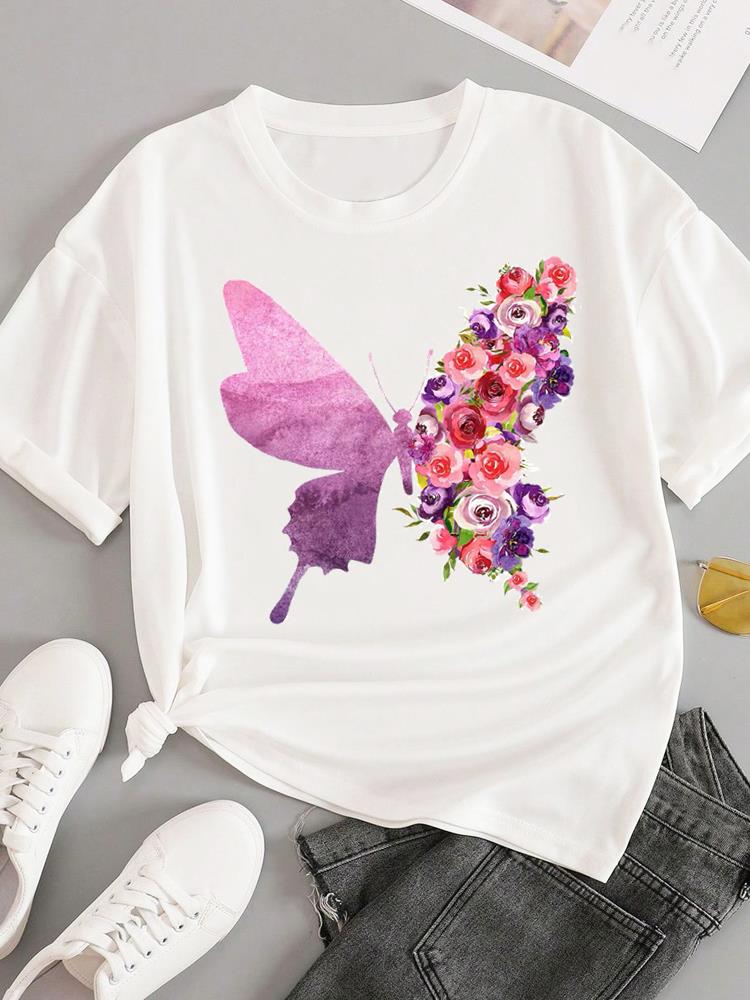 (Asian Size) Sweet Flower Feather Short Sleeve T-shirts Women's Top T Female Print Fashion O-neck Casual Clothing Graphic Tee
