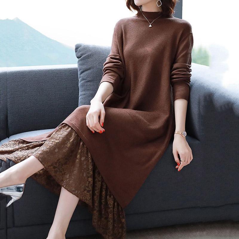 Платье женское осенне-зимнее кружевное удобное эластичное платье-свитер средней длины трикотажные платья с длинными рукавами