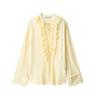 Европейская и американская женская весна 2025 Элегантная светло-желтая блузка с глубоким V-образным вырезом и плиссированным кружевом