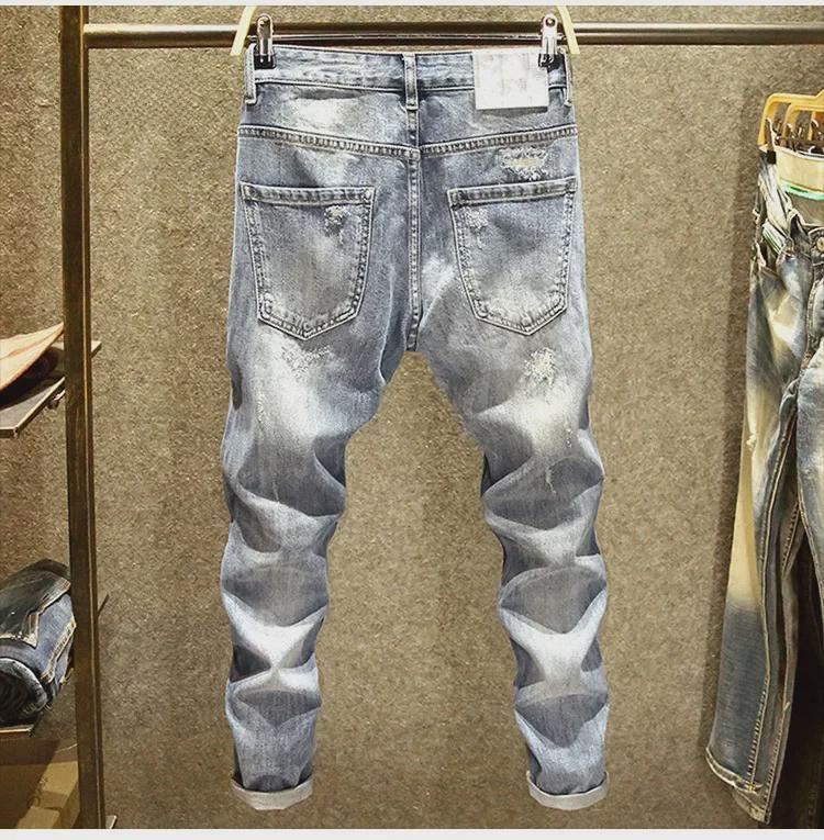 Мужские модные облегающие рваные джинсы скинни с эластичной тканью и нашитыми заплатками