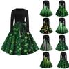Women's Printed Round Neck Big Hem  Skirt Pleated Skirt Long Sleeved Dress Dress