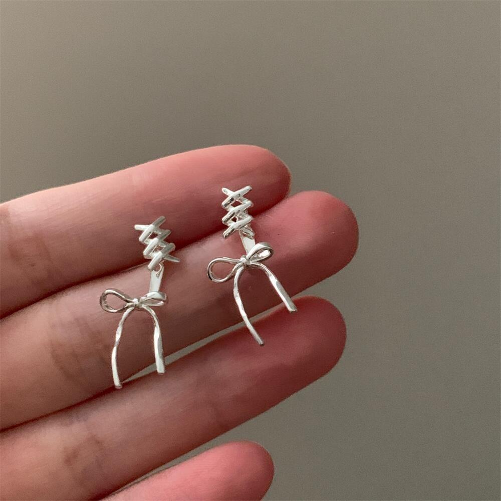 Elegant Bow Silver Earings for Women Twist Stud Earring Piercing Accessories Jewelry