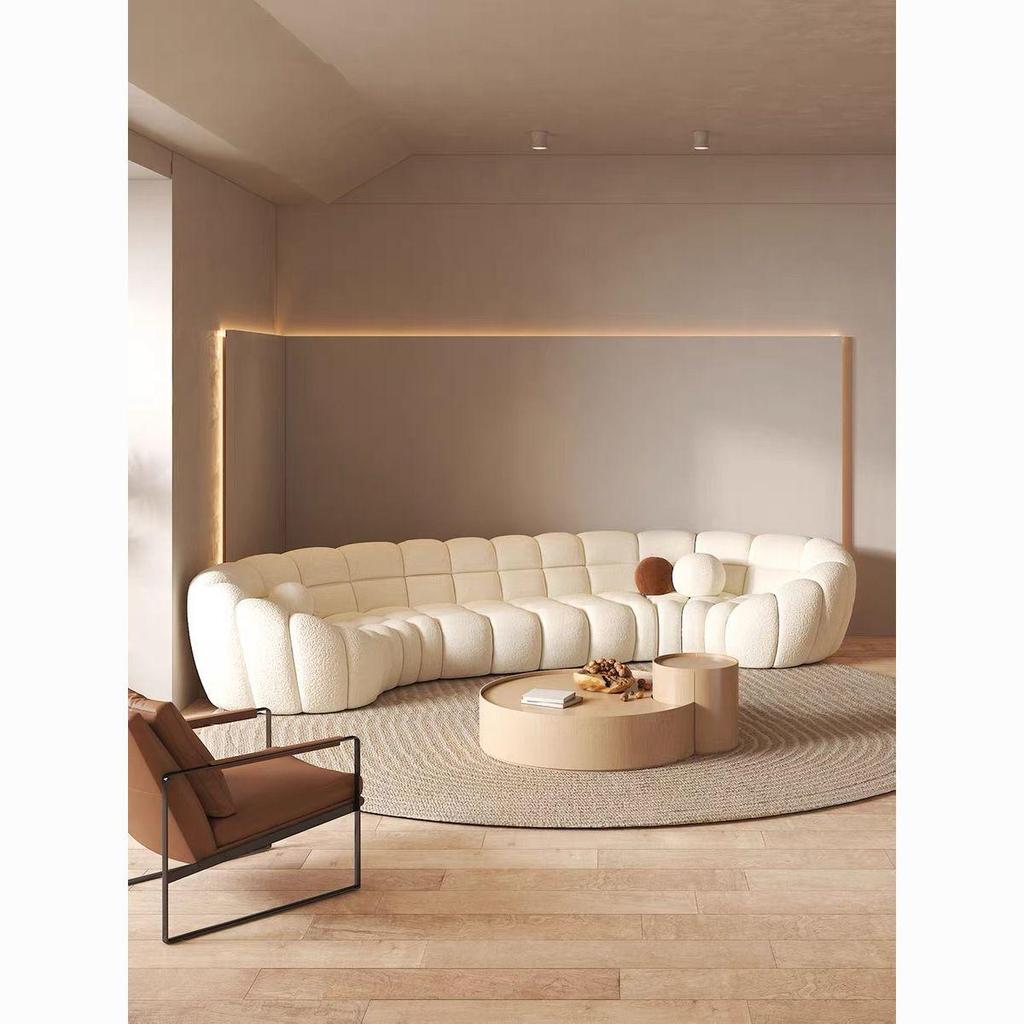 French Curved Cream Fabric Sofa - Italian Villa Design, Creative Bubble Style, Wood Frame