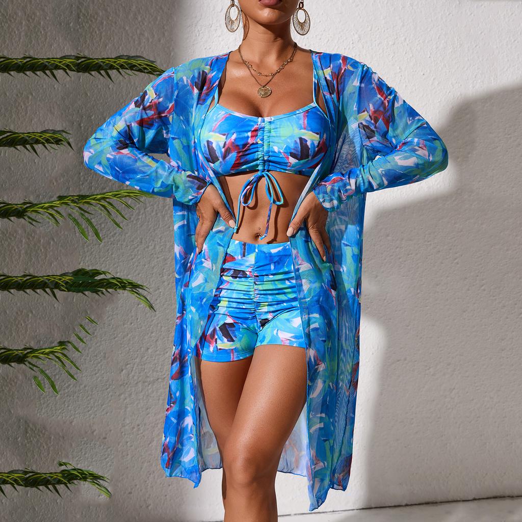 Женская раздельная блузка с длинными рукавами и принтом, солнцезащитная, из трех частей, купальник-боксеры с высокой талией