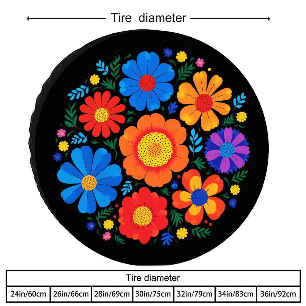 Tire Cover With A Black Base And Colorful Floral Patterns, Made Of Polyester Fiber, Featuring A Flat Decorative Style With Large