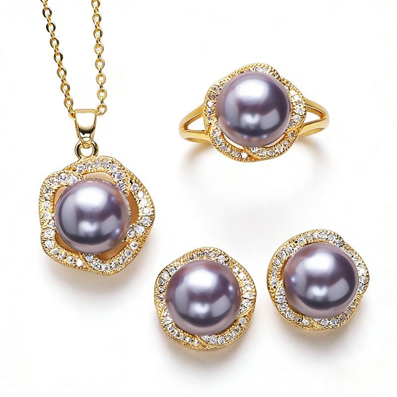 Elegant light-luxury banquet pearl jewelry for women, purple pearl three-piece set: necklace, earrings, and ring,Retro Palace Style