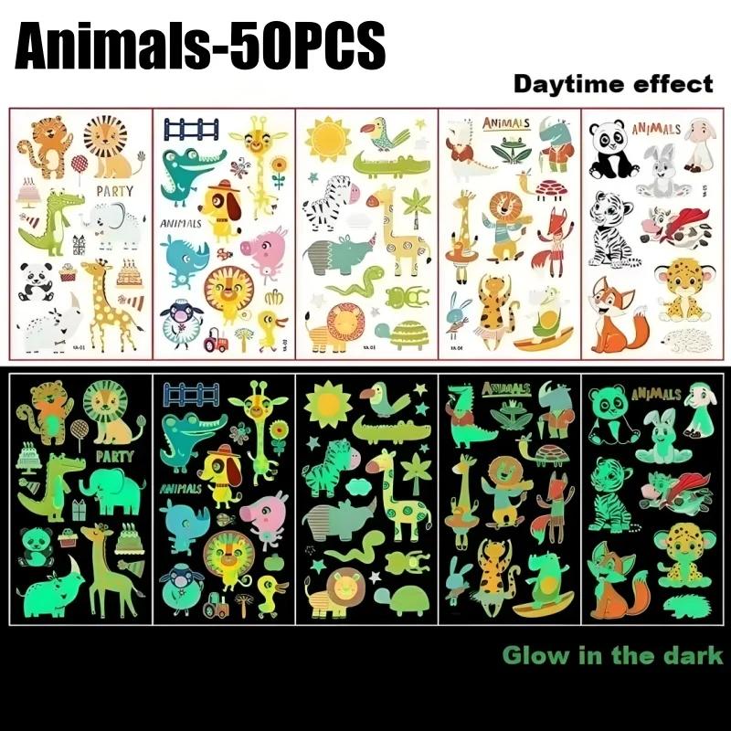 Светящиеся в темноте тату-наклейки для детей, временные татуировки на тему вечеринки, животные, флуоресцентные украшения для тела, безопасные, смываемые
