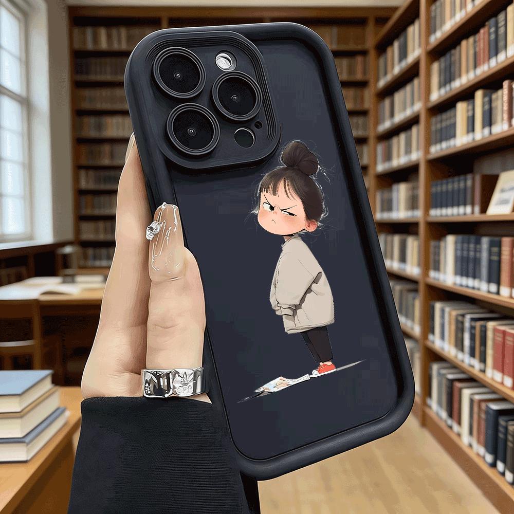 Злая Маленькая Девочка с Пучком Мягкий ТПУ Чехол для Телефона для iPhone 17 16 15 14 13 12 11 Pro Max Plus Ударопрочный Противоскользящий Чехол
