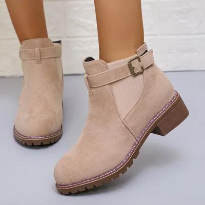 Ботильоны без застежек на щиколотку, современные, с низким каблуком и круглым носком, горячая распродажа, женская обувь, весна/осень, женские римские сапоги из коровьей замши с пряжкой