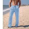 Cross-border New Men's Linen Four-Season Beach Trousers Drawstring Elastic Waist Straight Flat, Comfortable and Breathable