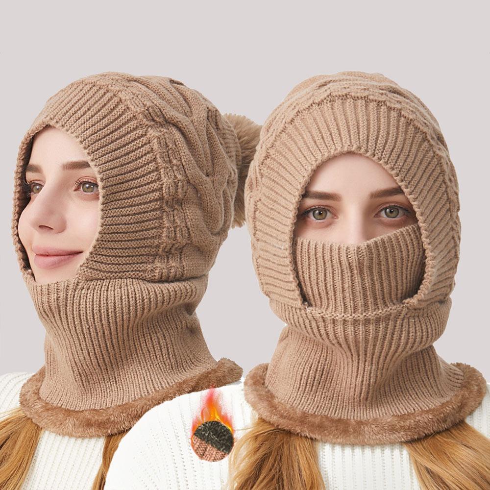 Slouchy Knitted Beanie Hat 3 in-1 Balaclavas Hat Face Mask Neck Scarf Skiing Hat Set for Women