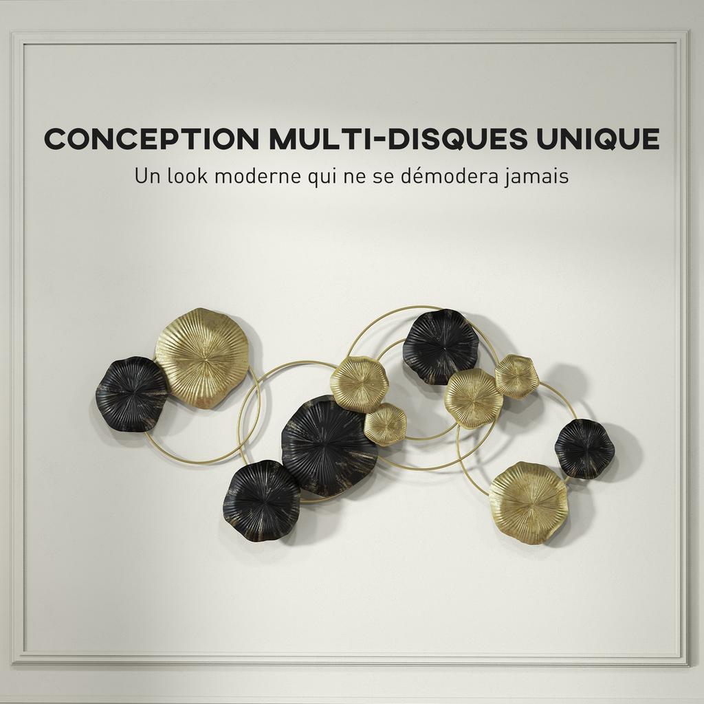 Lotus Leaf Shaped Metal Wall Decoration Unique Multi Disc Design 84 X 35 Cm Gold And Black