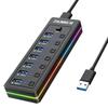 USB-концентратор с RGB-светодиодными полосами, передача данных по USB, отдельные переключатели для светодиодов для USB-устройств, таких как жесткие диски, 7 портов 3.0, порты 3.0, Вкл/Выкл, ноутбуки, ПК, мыши,