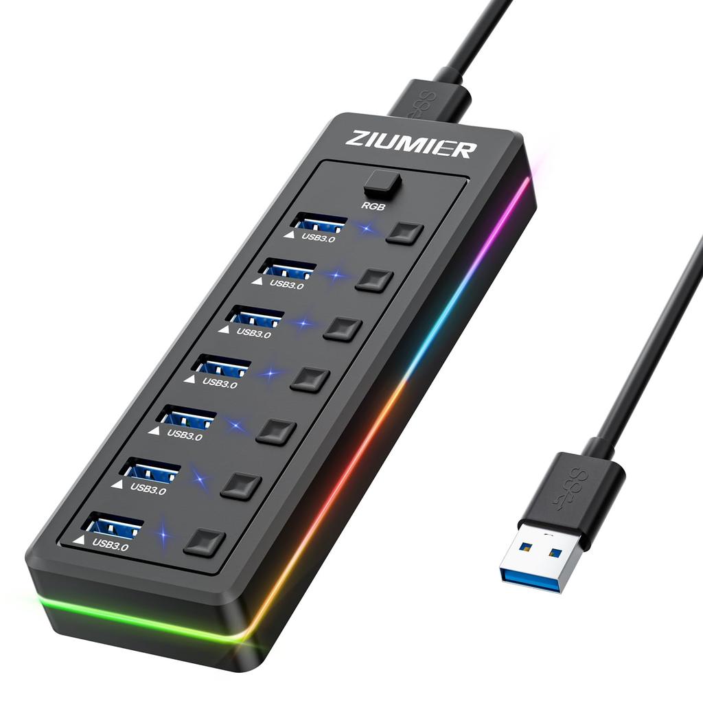 USB-концентратор с RGB-светодиодными полосами, передача данных по USB, отдельные переключатели для светодиодов для USB-устройств, таких как жесткие диски, 7 портов 3.0, порты 3.0, Вкл/Выкл, ноутбуки, ПК, мыши,