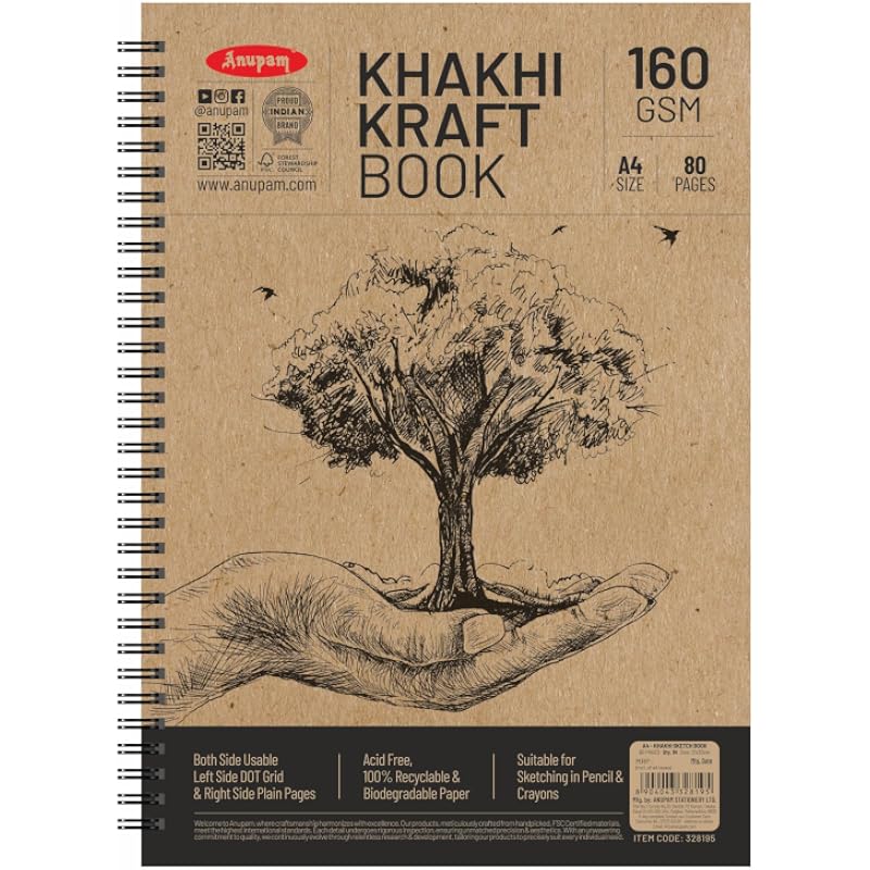 Anupam Хаки 100% Переработанная Крафт-бумага Книжка на Спирали 160 г/м² 80 Страниц С одной стороны Точечная сетка, с другой стороны Чистая (Формат А4)