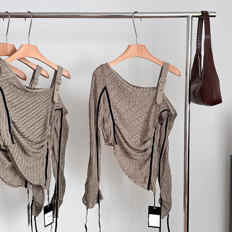 Autumn Woman Irregular Design Jerseys Gyaru Long Sleeve Cropped Tops Slash Neck Pullovers Y2k Streetwear 2000s Aesthetic Vintage