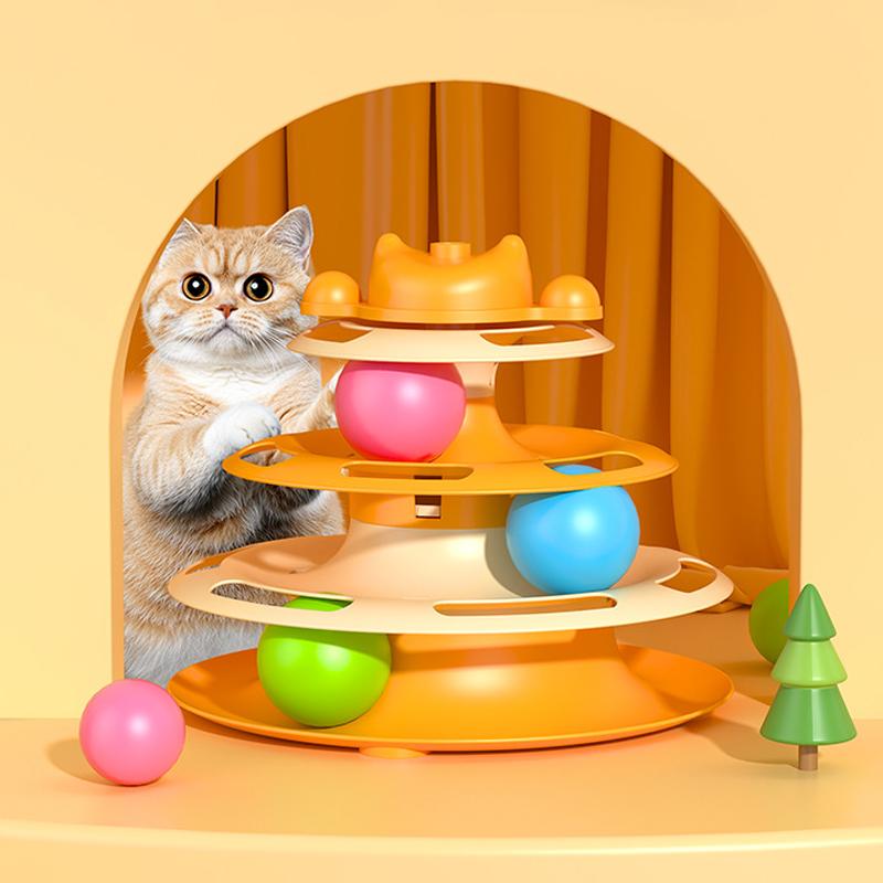 Интерактивная игрушка для кошек с перьями, 4-уровневая, мячик, палочка, башня, вращающаяся платформа для котят, трек с шариком