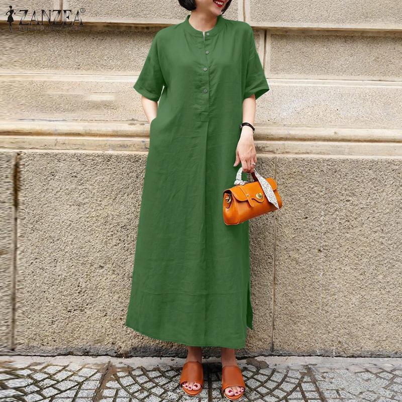ZANZEA Женское повседневное летнее платье с воротником-стойкой и коротким рукавом