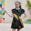 Girls Round Neck Flutter Short Sleeve Blue Floral Printed Black A Line Dress