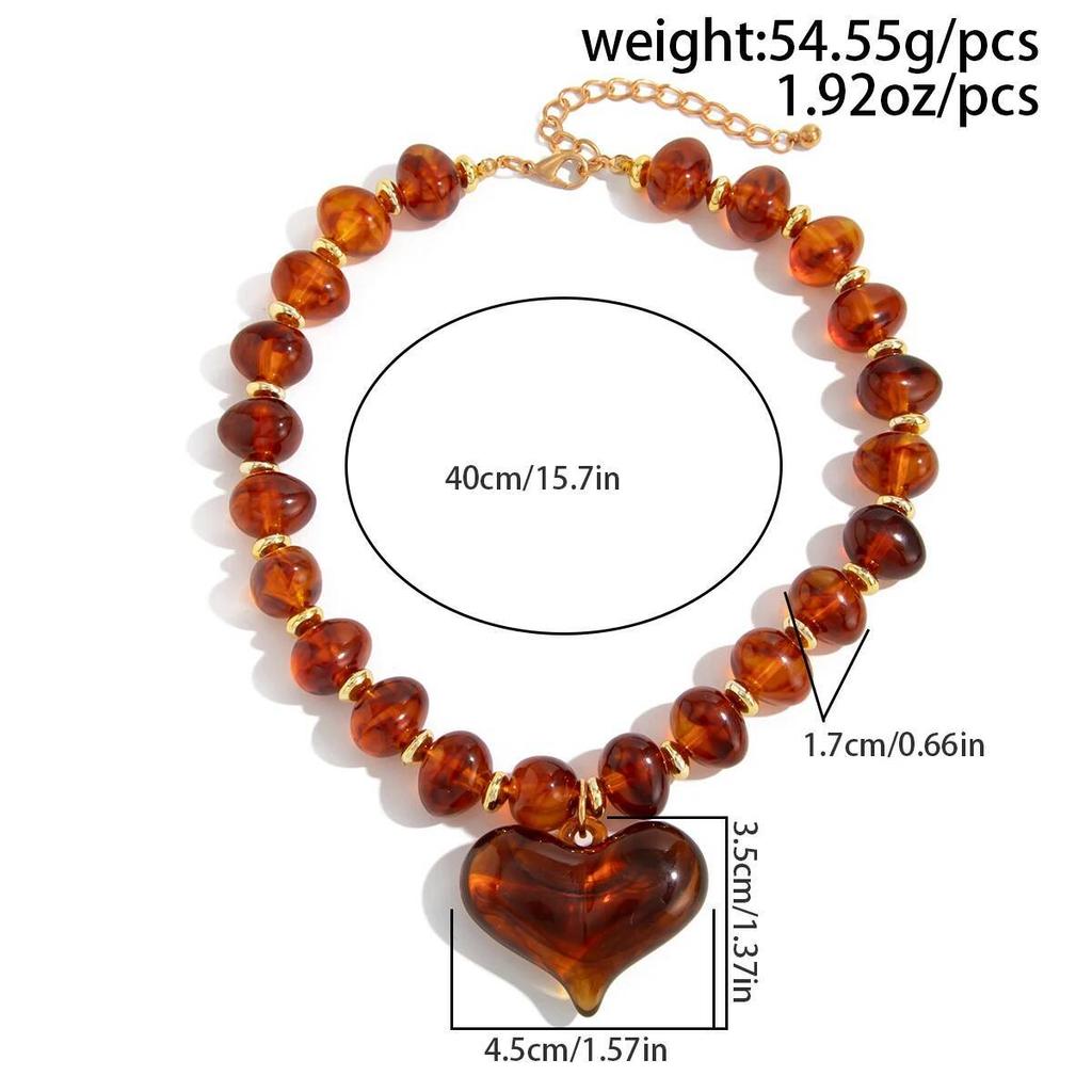 Salircon New Exaggerated Round Bead Love Heart Pendant Necklace Women Handmade Adjustable Resin Chain Choker Party Jewelry Gift