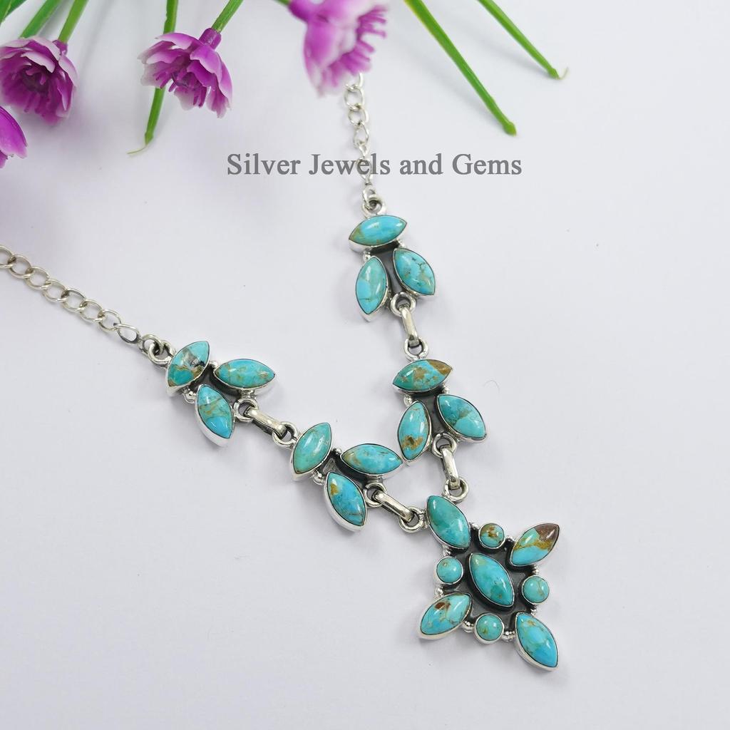 Kingman Turquoise Statement Necklace, Anniversary Necklace, 925 Sterling Silver Necklace, Multi Stone Necklace, Gemstone Handmade Necklace